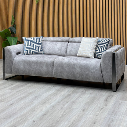 'Gisella' Marble Stone Grey Velvet Fabric 3 Seater Power Recliner Sofa with Power Headrests
