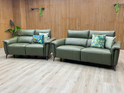 ‘Jude’ Oslo Pine Green Cat-40_10 Leather 3 + 2 Seater Power Recliner Sofa Set with Telescopic Headrests