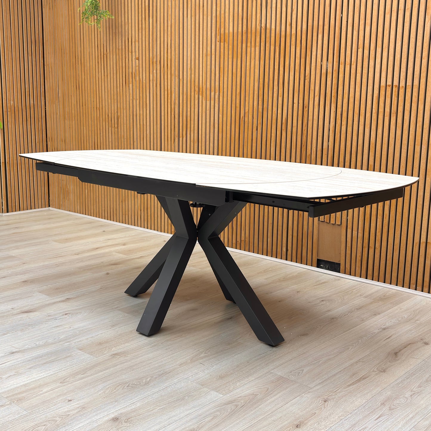 ‘Raul’ Travertine Ceramic Top 130cm Swivel Extending Dining Table