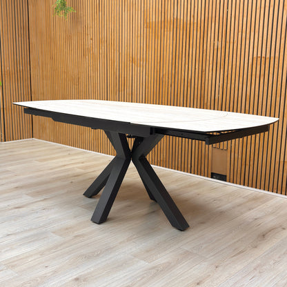 ‘Raul’ Travertine Ceramic Top 130cm Swivel Extending Dining Table