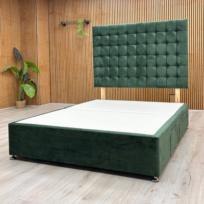 Lifestyle View Furniture Village ‘Dice’ king-size divan bed frame, showcasing a plush emerald green velvet headboard and a matching upholstered 4-drawer divan base.