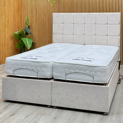 ‘Atlas’ Champagne Fabric Floor Standing Headboard + Electric Adjustable Divan + 800 Pocket Mattresses Package Deal - King