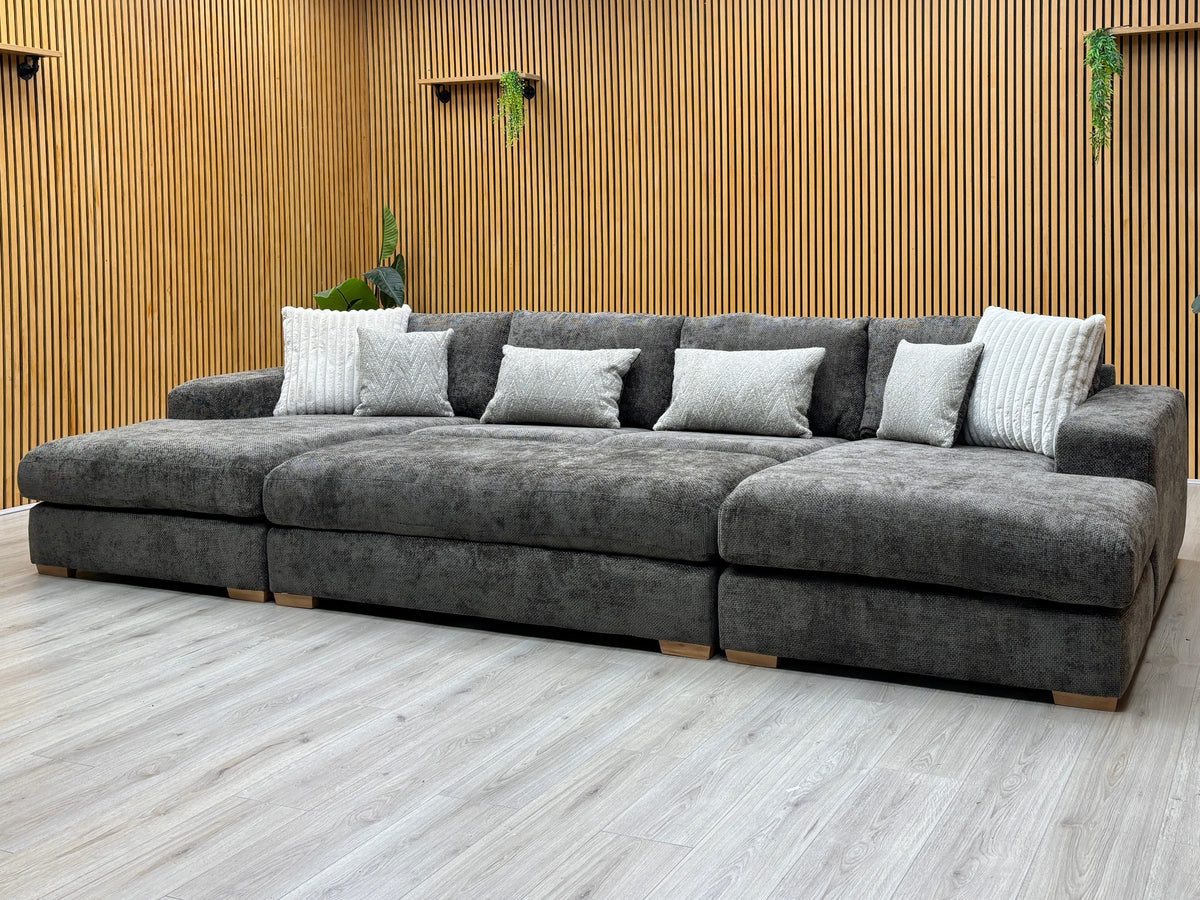 'Broadgate' Chocolate Brown Woven Fabric Large U-shape Modular Sofa with Footstool