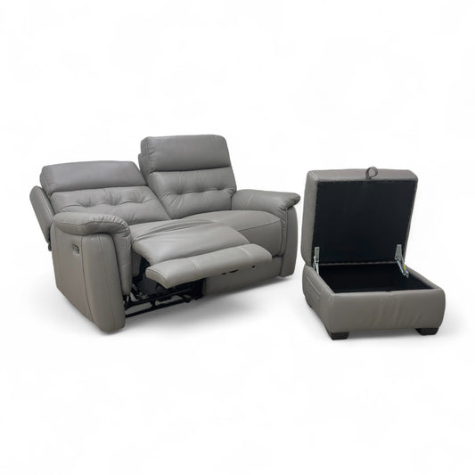 World of Leather ‘Springer’ Bv-042e Elephant Leather 2 Seater Power Recliner Sofa + Storage Footstool