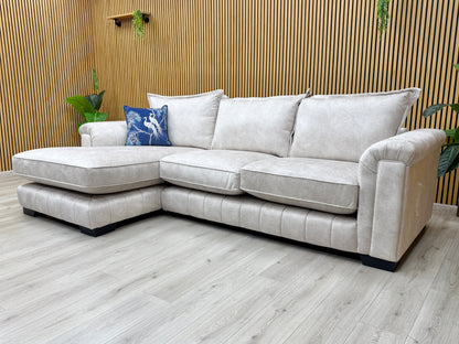 Detail of the structured formal back cushions, emphasizing the excellent support and elegant aesthetic of the Dolcie range.