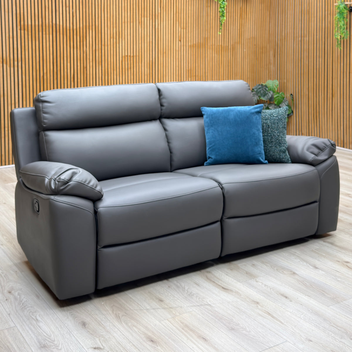 'Edison' Charcoal Grey Luxury Faux Leather 3 Seater Manual Recliner Sofa