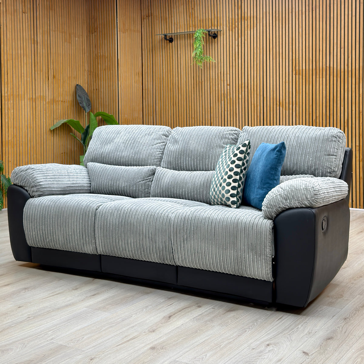 ‘Sienna’ Black_Grey Fabric_Faux Leather High Back 3 Seater Sofa