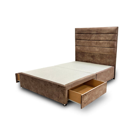 ‘Artemis’ Caramel Velvet Floor Standing Headboard + Base with 2 Drawers - Double