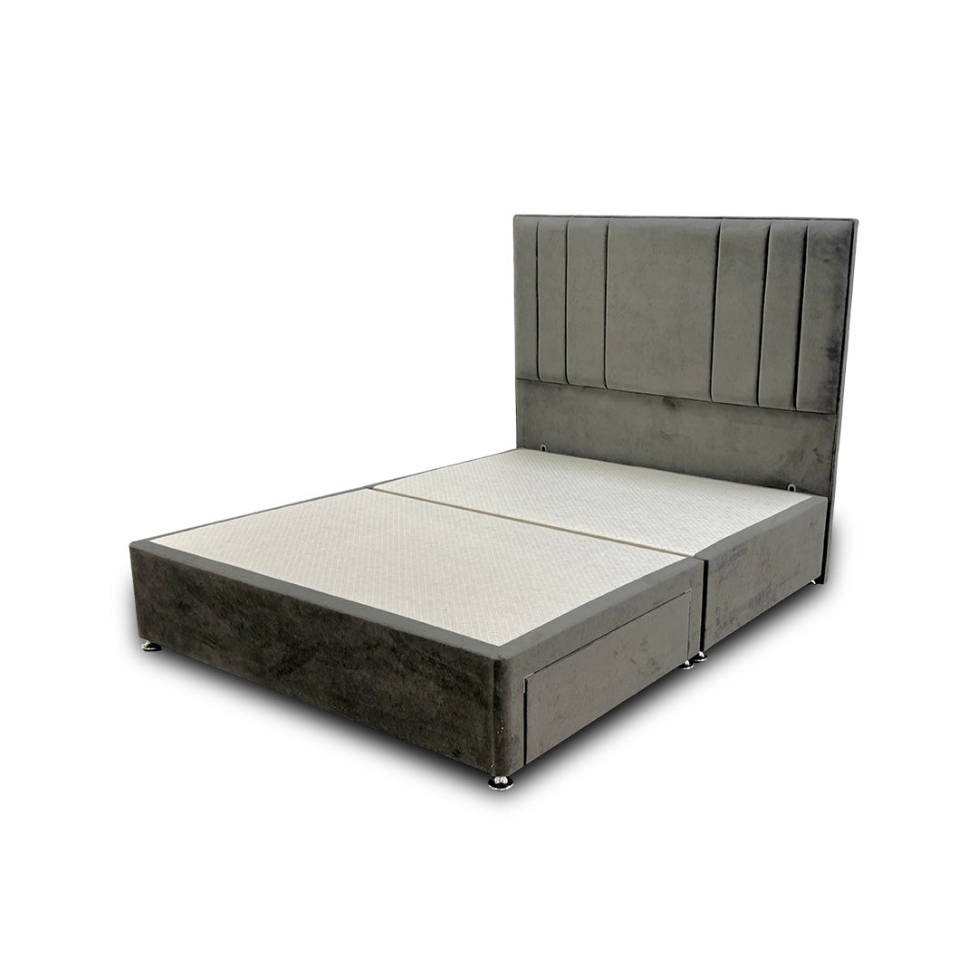 ‘Milan’ Thunder Grey Velvet Floor Standing Headboard + Base with 2 Drawers - King
