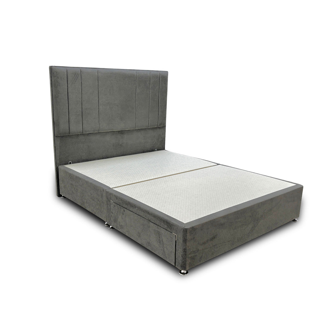 ‘Milan’ Thunder Grey Velvet Floor Standing Headboard + Base with 2 Drawers - King