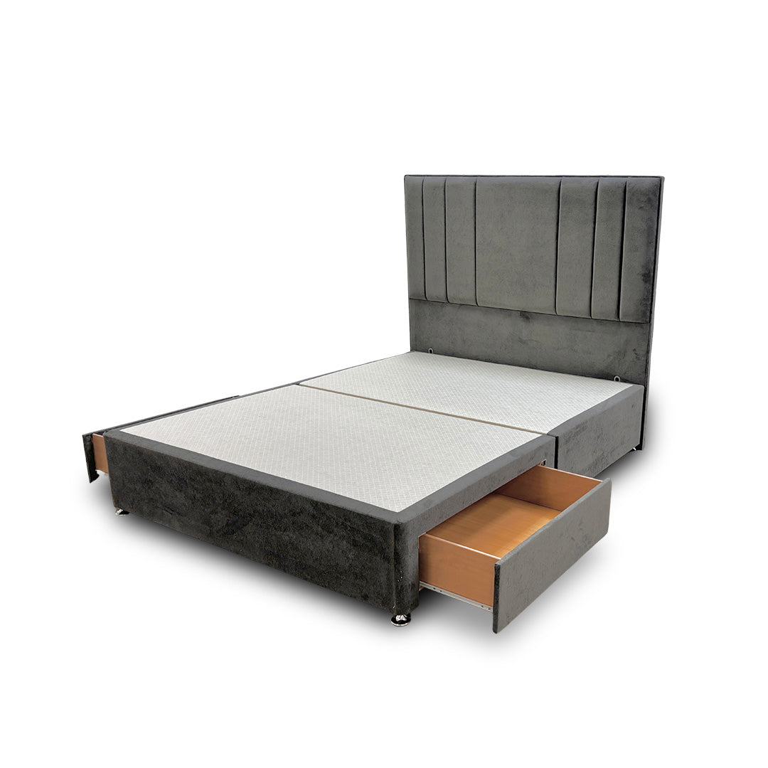 ‘Milan’ Thunder Grey Velvet Floor Standing Headboard + Base with 2 Drawers - King