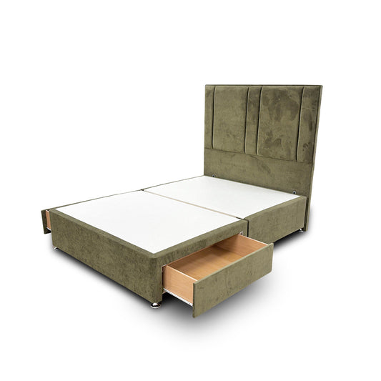 ‘Pegasus’ Khaki Velvet Floor Standing Headboard + Base with 2 Drawers - Double