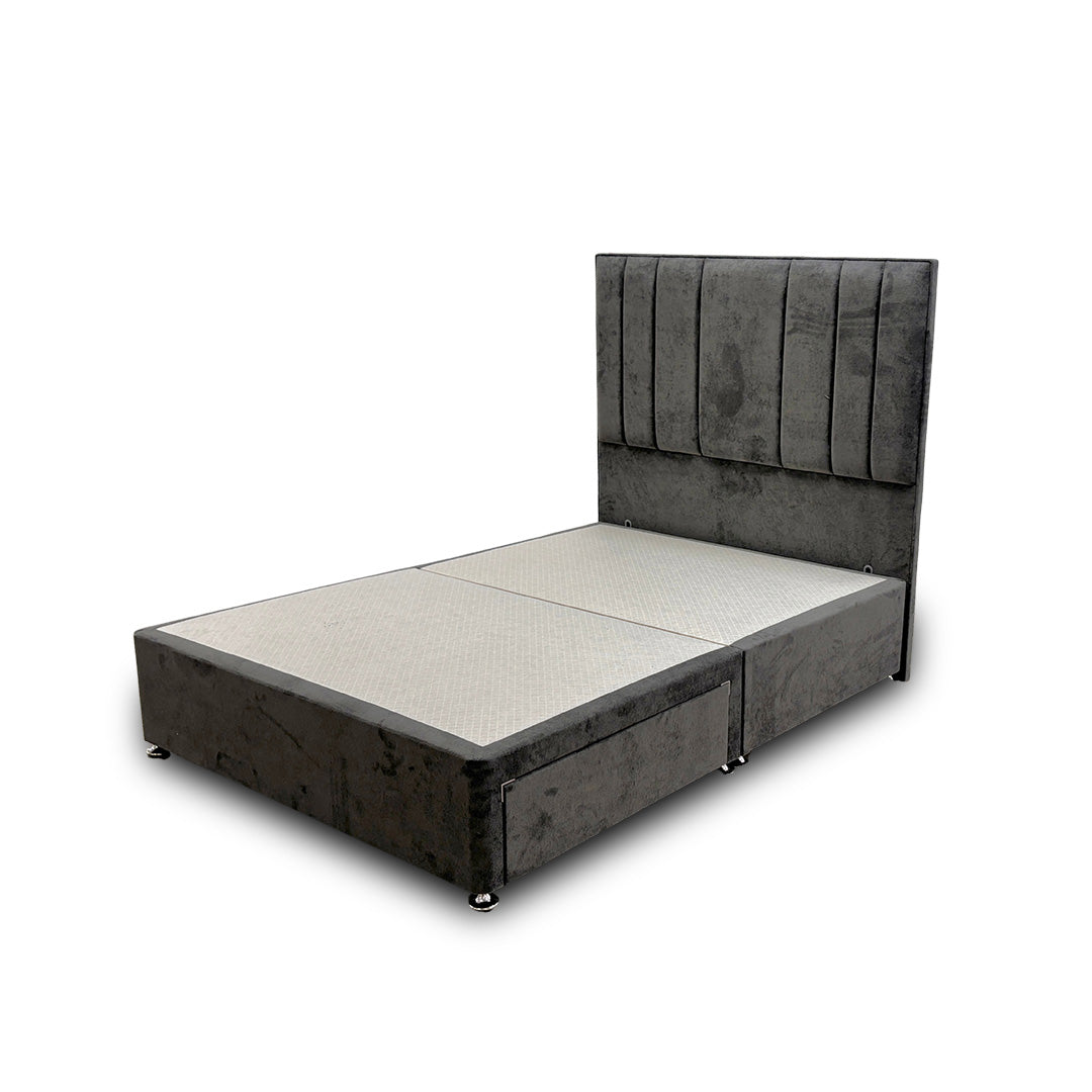 ‘Milan’ Thunder Grey Velvet Floor Standing Headboard + Base with 2 Drawers - Double