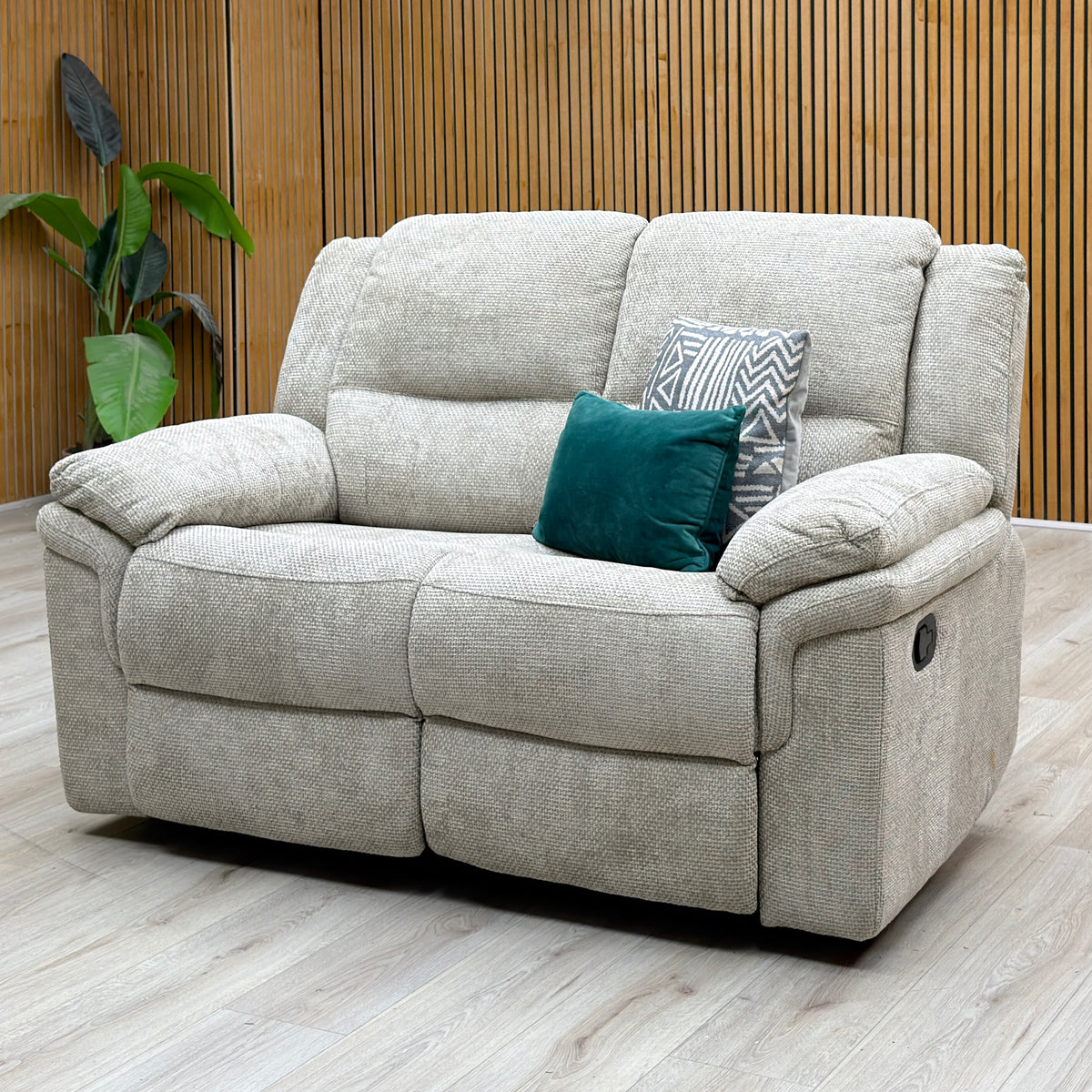 ‘Albion’ Natural Chunky Weave Fabric 2 Seater High Back Manual Recliner Sofa