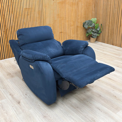 Lifestyle view of the G Plan Kingsbury chair in its fully reclined position, showing the seamless extension of the footrest for ultimate relaxation.