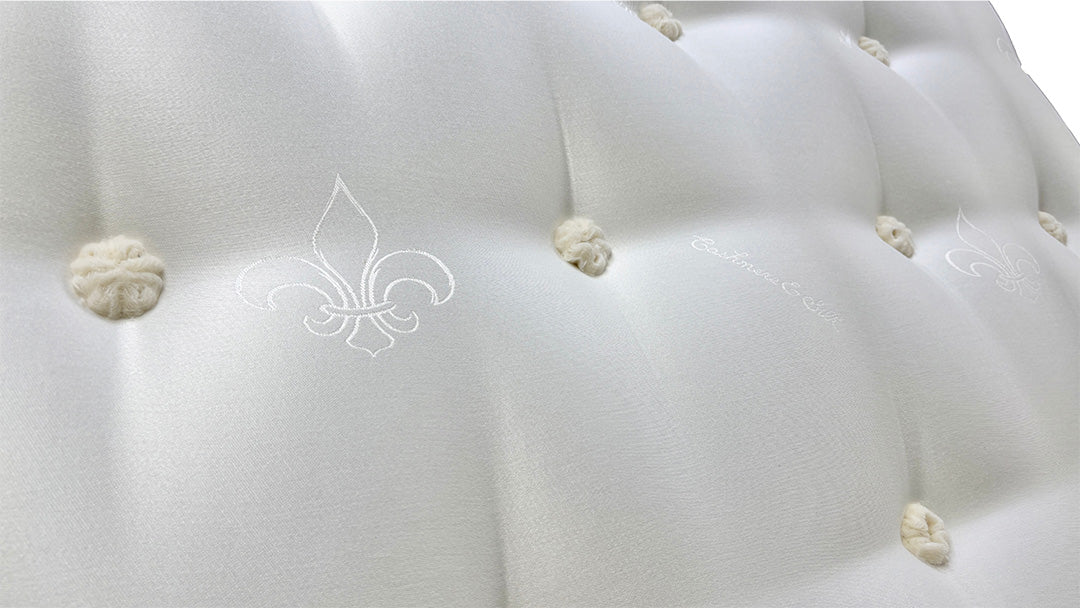 Close-up view of the white, deep-quilted fabric and border stitching on the Highgrove Oakley Ortho 1000 Pocket Sprung Mattress.