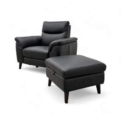 ‘Morgan' Oslo Cat-40:23 Jet Black Leather Power Recliner Armchair + Storage Footstool