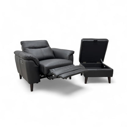 ‘Morgan' Oslo Cat-40:23 Jet Black Leather Power Recliner Armchair + Storage Footstool