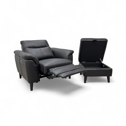 ‘Morgan' Oslo Cat-40:23 Jet Black Leather Power Recliner Armchair + Storage Footstool