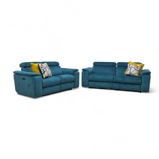 Nicoletti ‘Davide’ Selma Turchese N8593 Teal Velvet 3 + 2 Velvet Power Recliner Sofa Set