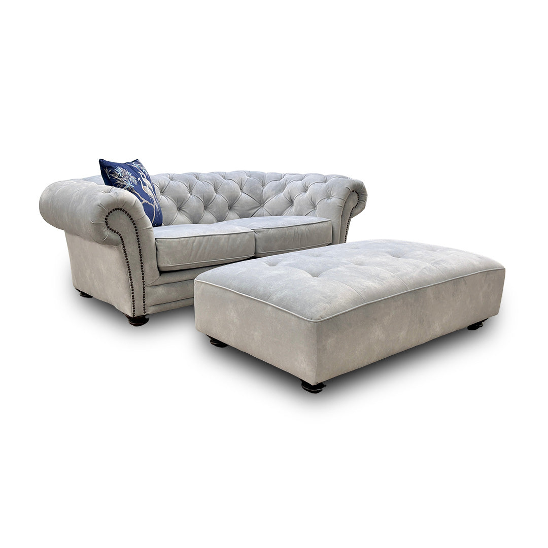 'Savannah' Smoke Dexter Velvet Chesterfield 2 Seater Sofa + Footstool