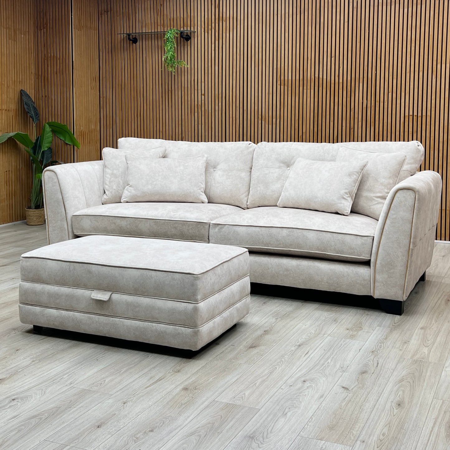 'Mariah' Dapple Ivory-Tri Brass Insert Fabric 4 Seater Classic Back Split Frame Sofa with Storage Footstool Furniture Village