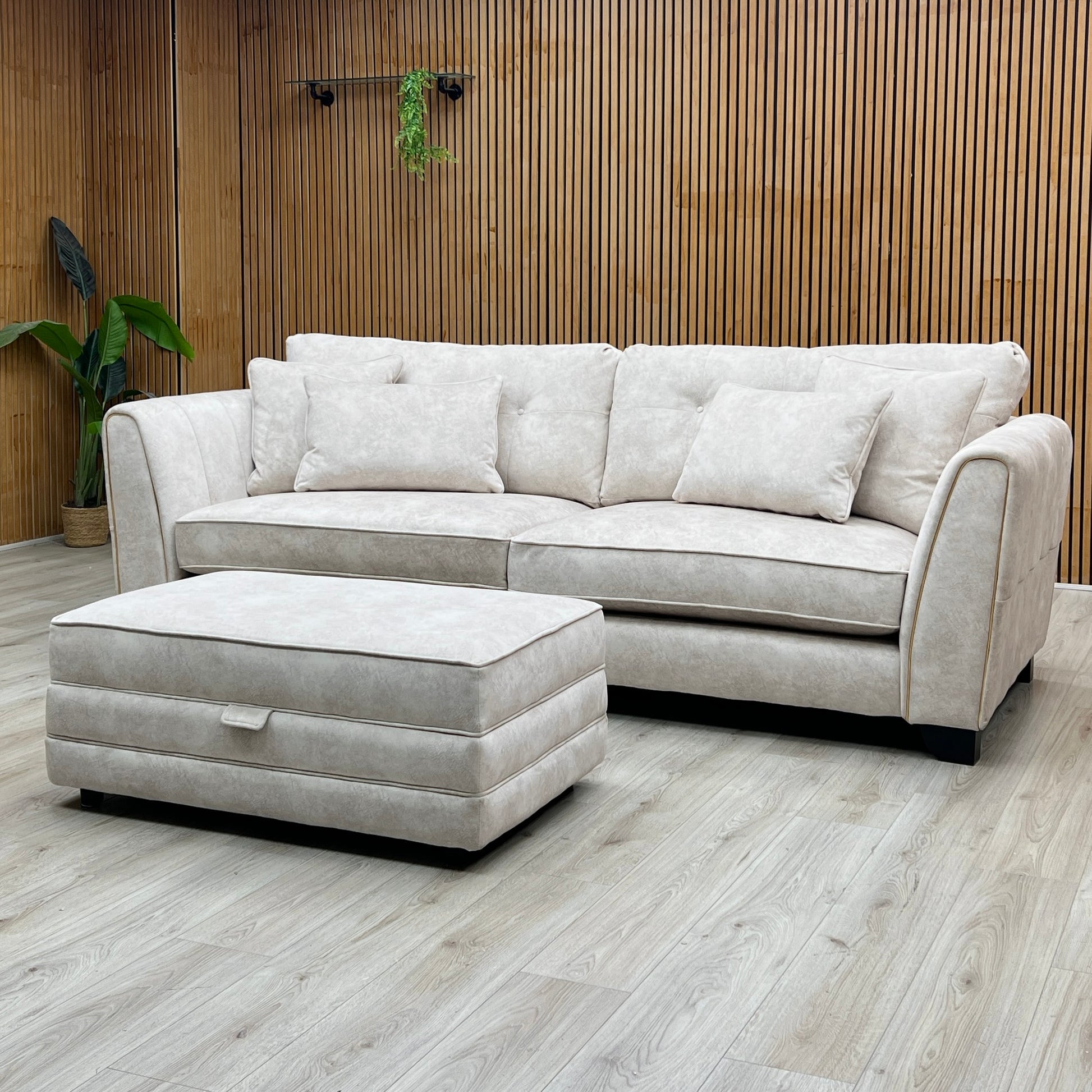 'Mariah' Dapple Ivory-Tri Brass Insert Fabric 4 Seater Classic Back Split Frame Sofa with Storage Footstool Furniture Village