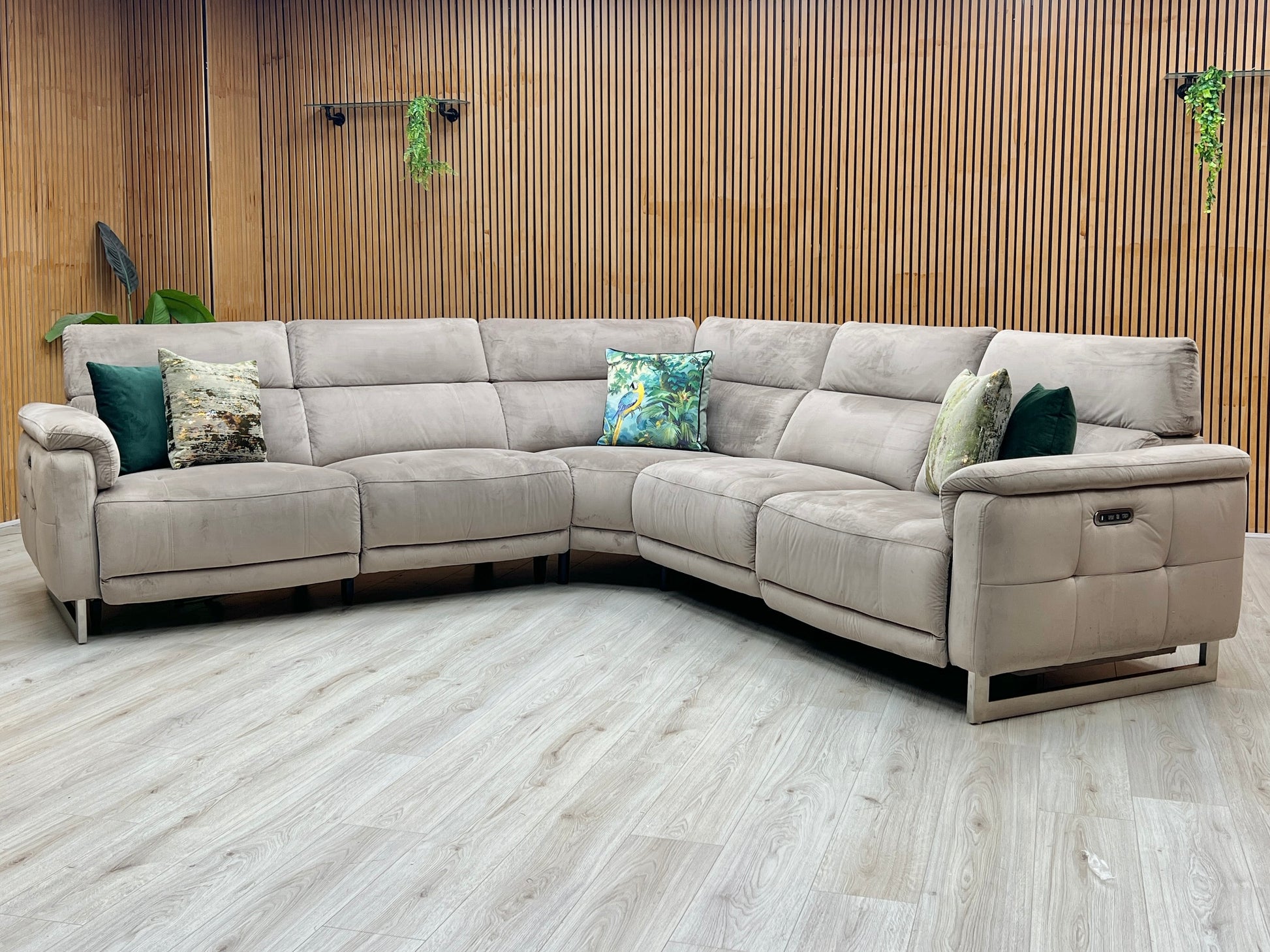 ‘Moet' Opulence Cedar Fabric Large Power Recliner Corner Sofa with Telescopic Headrests Furniture Village