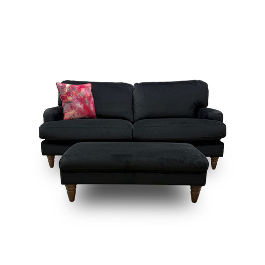'Livie' Black Abbey Velvet 2 Seater Sofa + Footstool