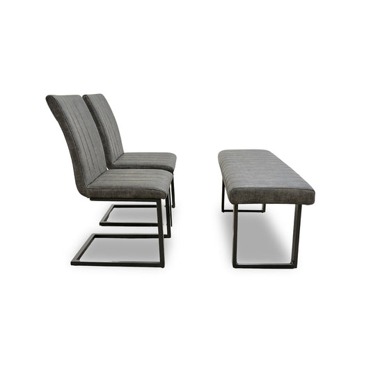 ‘Brooklyn' Grey Upholstered Low Bench + 2 Dining Chairs