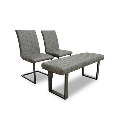 ‘Brooklyn' Grey Upholstered Low Bench + 2 Dining Chairs
