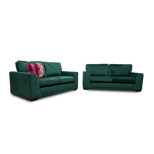 'Orka' Forest Green Velvet Non Quilted Arm 3 Seater + Large 2 Seater Sofa Set