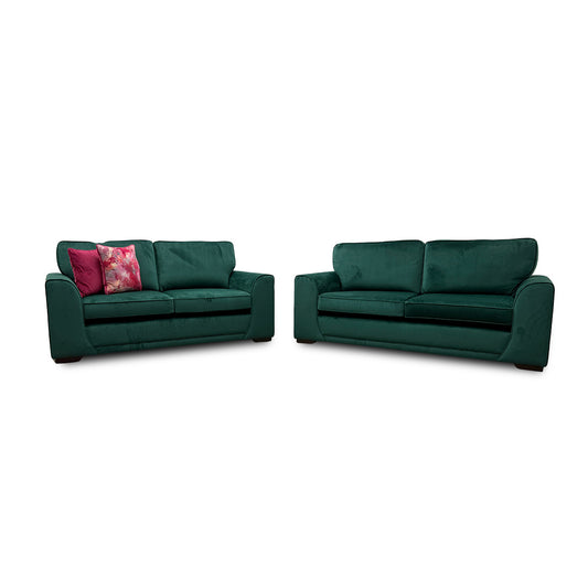 'Orka' Forest Green Velvet Non Quilted Arm 3 Seater + Large 2 Seater Sofa Set