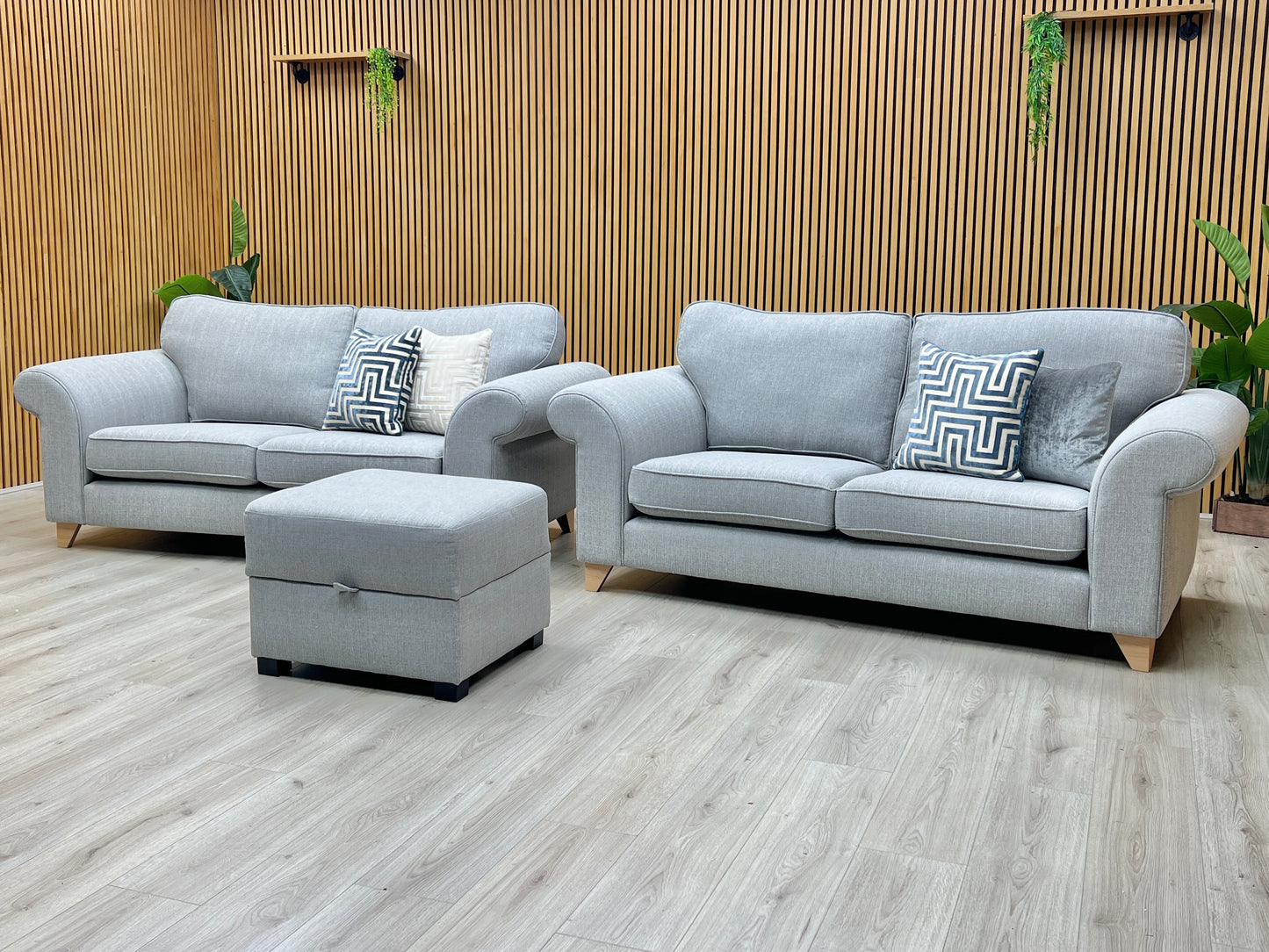 ‘Angelic’ Ash Grey Cotswold Plain Fabric 2 Seater Sofa + 2 Seater Sofa + Storage Footstool Set DFS
