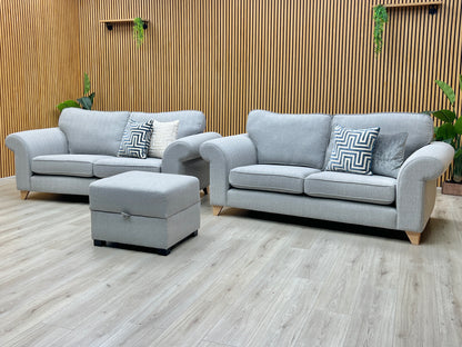 ‘Angelic’ Ash Grey Cotswold Plain Fabric 2 Seater Sofa + 2 Seater Sofa + Storage Footstool Set DFS