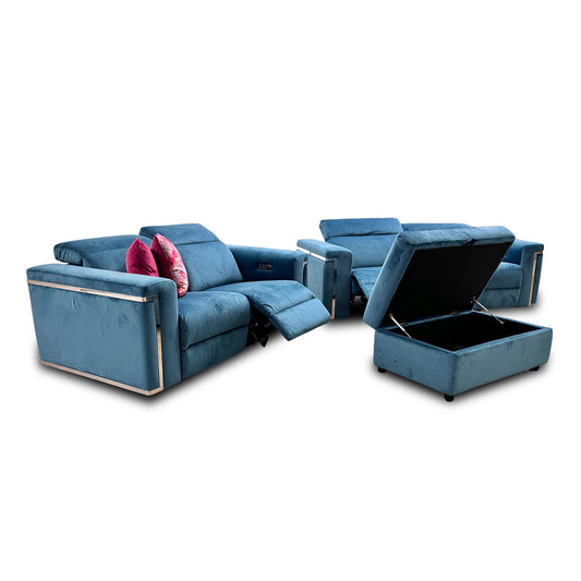 'Cora' Teal Velvet 3 + 2 Seater Power Recliner Sofas with Power Headrests + Storage Footstool