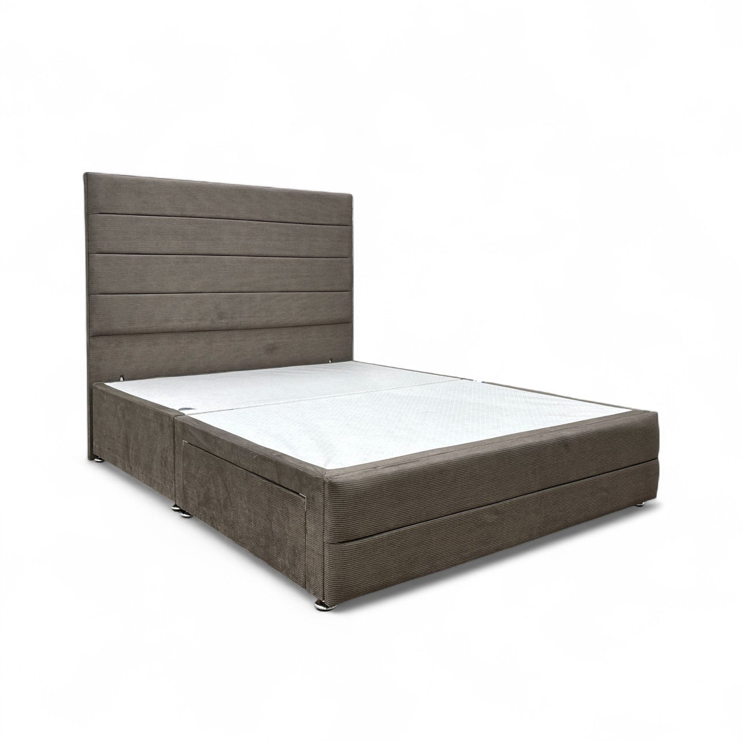‘Gordon’ Mushroom Fabric 2 Draw Divan Bed Base with Floor Standing Headboard - King
