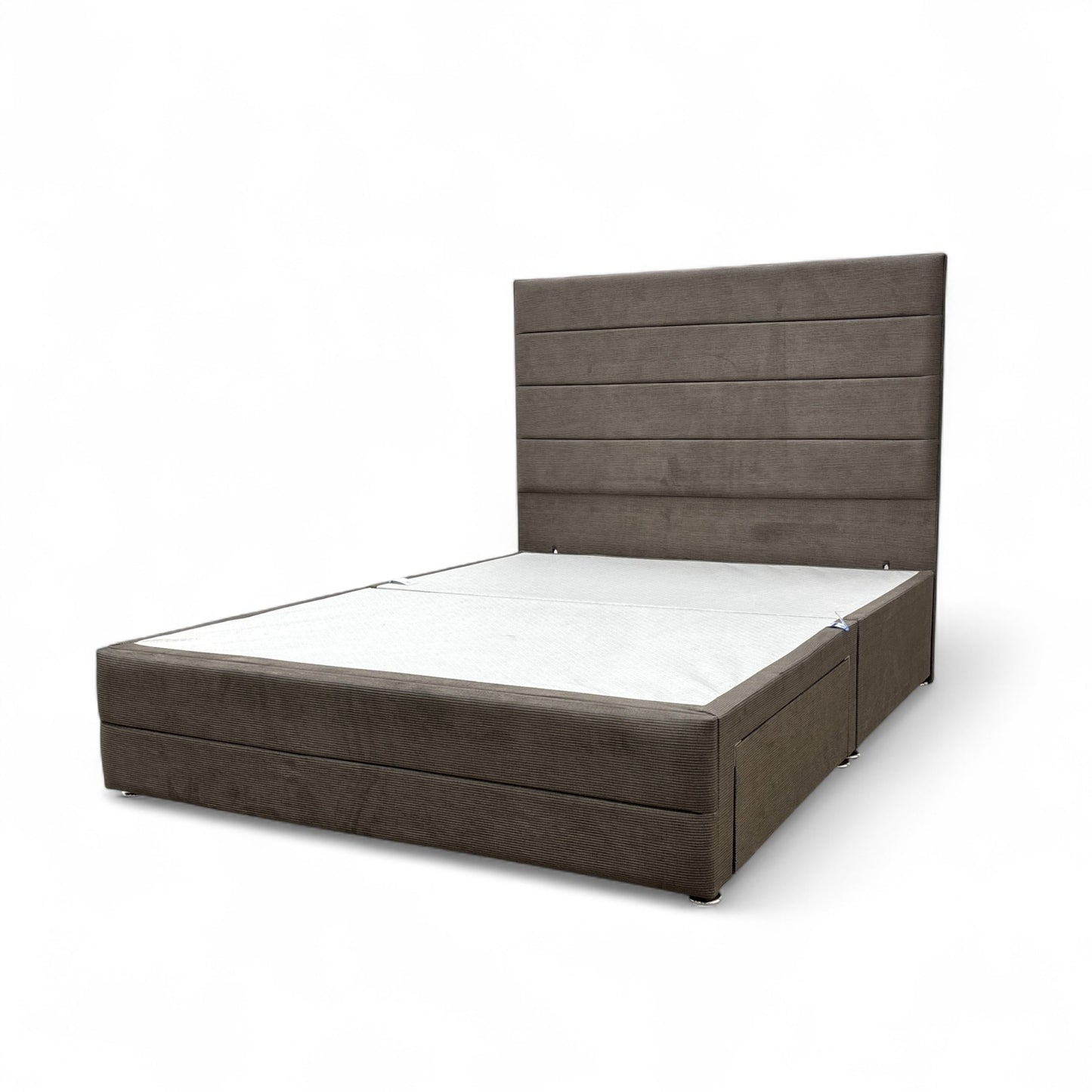 ‘Gordon’ Mushroom Fabric 2 Draw Divan Bed Base with Floor Standing Headboard - King
