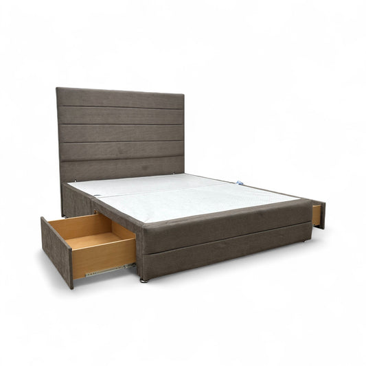 ‘Gordon’ Mushroom Fabric 2 Draw Divan Bed Base with Floor Standing Headboard - King