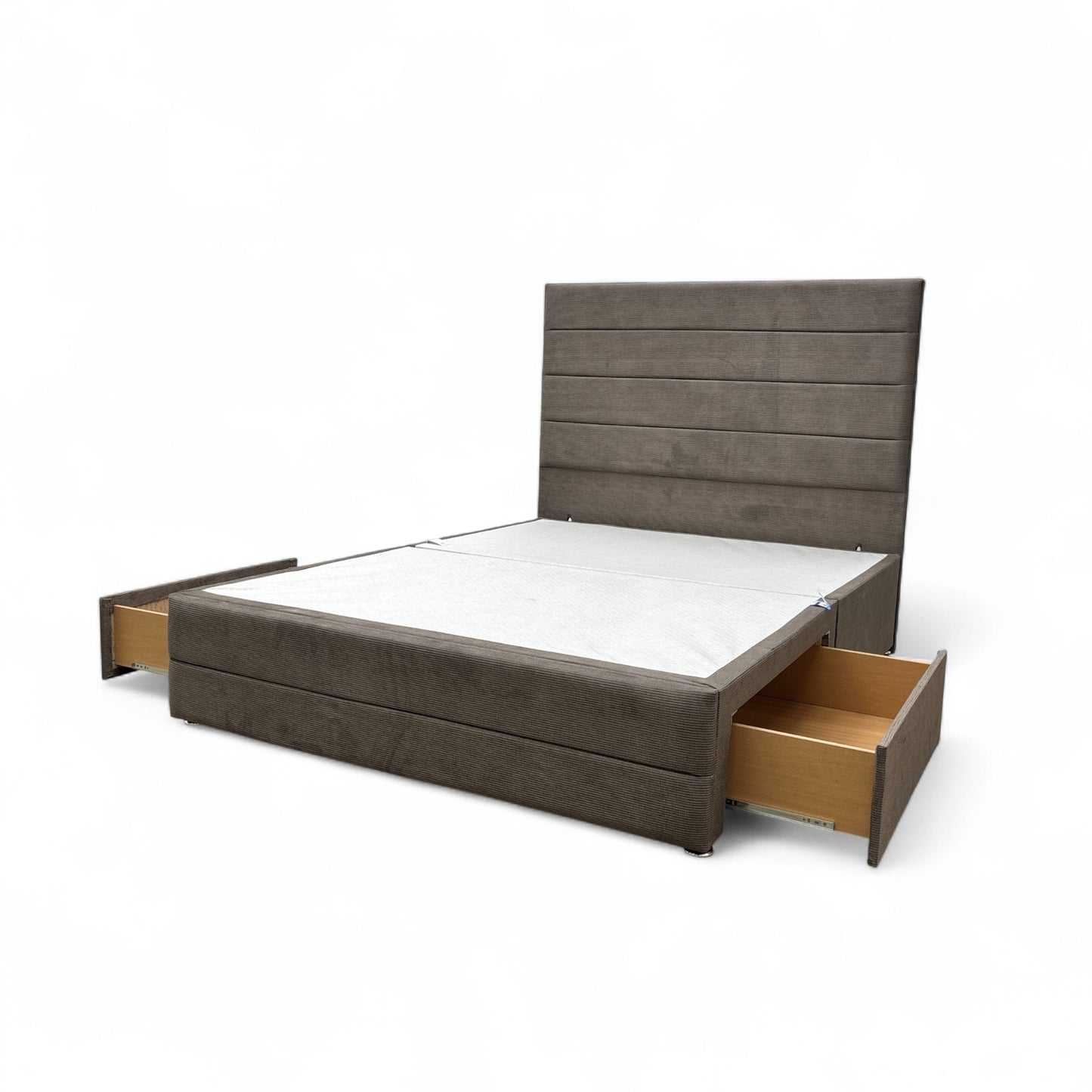 ‘Gordon’ Mushroom Fabric 2 Draw Divan Bed Base with Floor Standing Headboard - King