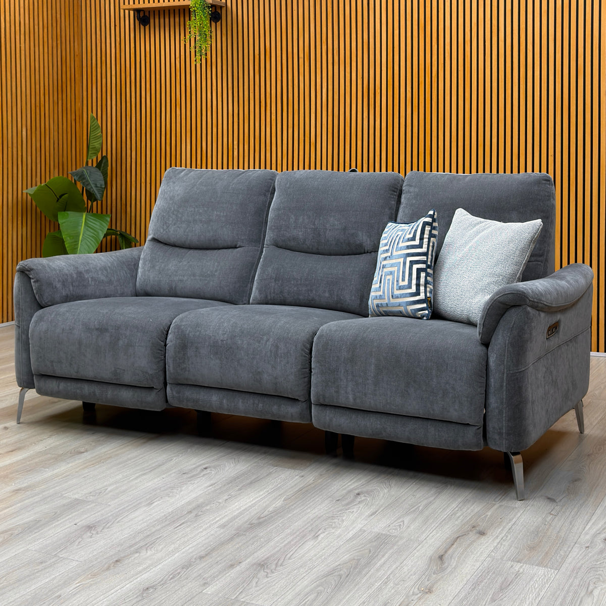 ‘Daytona’ Manhattan Charcoal Grey 58003 Fabric 3 Seater Power Recliner Sofa with Drop Down Cup Holder