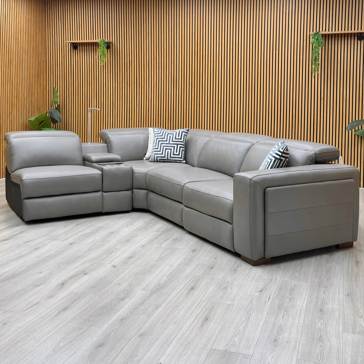 Ankara’ Mushroom Grey Leather Left Hand Facing Power Recliner Corner Sofa with Storage, Cup holders, Wireless Charging and Reading Light
