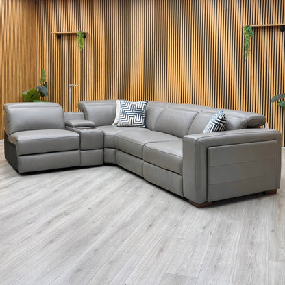 Ankara’ Mushroom Grey Leather Left Hand Facing Power Recliner Corner Sofa with Storage, Cup holders, Wireless Charging and Reading Light