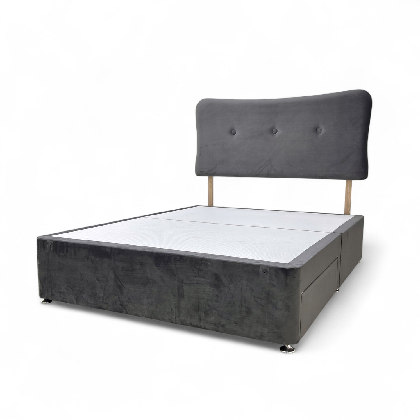 ‘Johnson’ Grey Velvet Divan 2 Draw Bed Base + Headboard - King