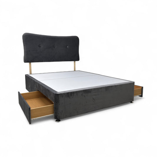‘Johnson’ Grey Velvet Divan 2 Draw Bed Base + Headboard - King