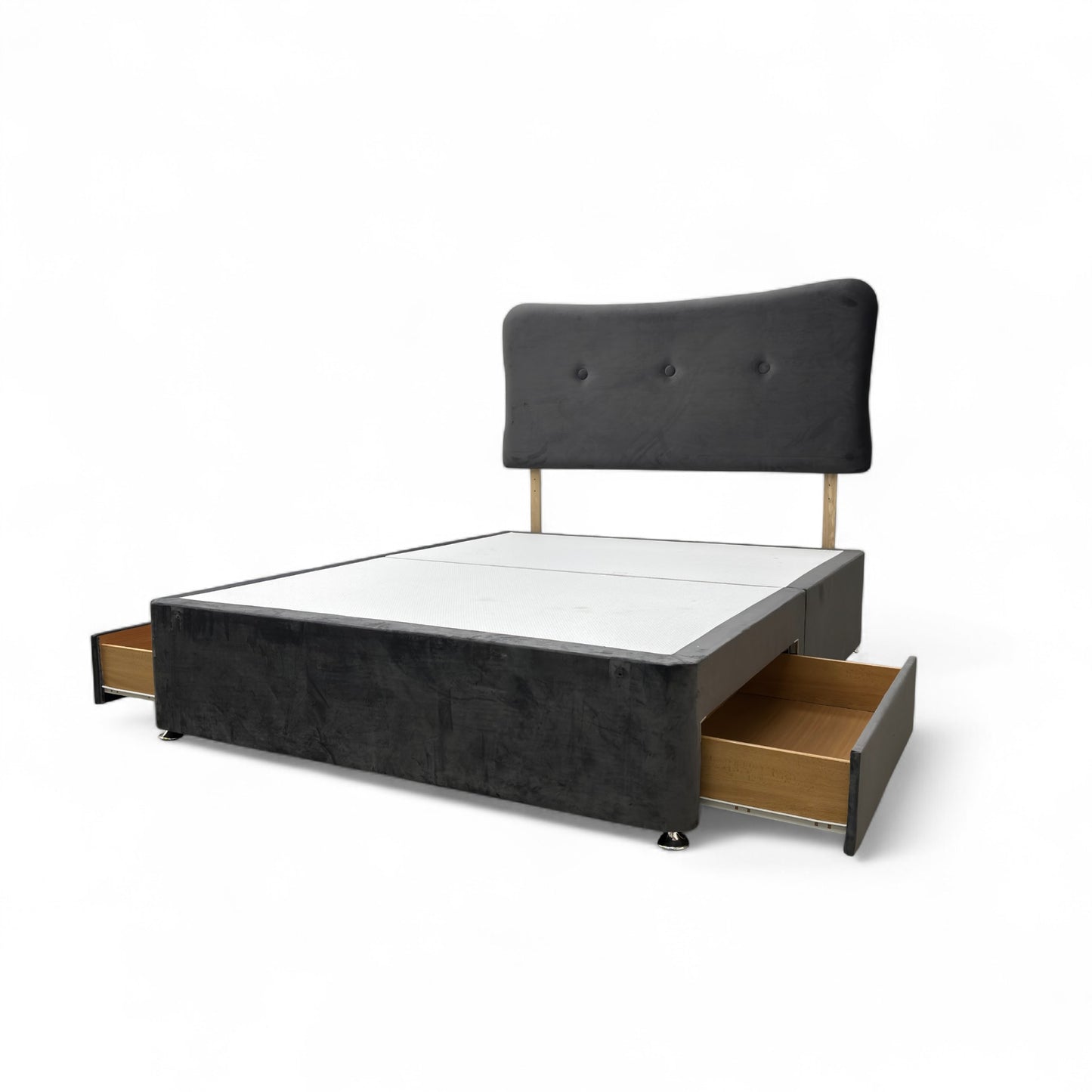 ‘Johnson’ Grey Velvet Divan 2 Draw Bed Base + Headboard - King