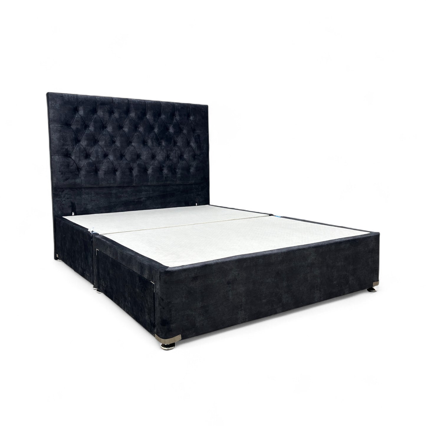 ‘Leon’ Dark Grey Velvet 2 Draw Bed Base with Floor Standing Headboard - King