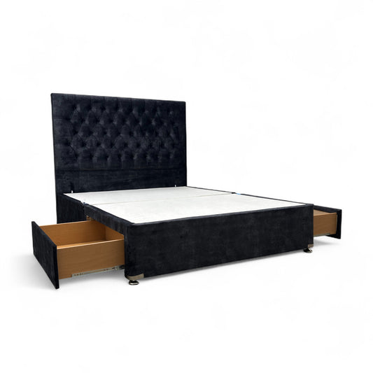 ‘Leon’ Dark Grey Velvet 2 Draw Bed Base with Floor Standing Headboard - King