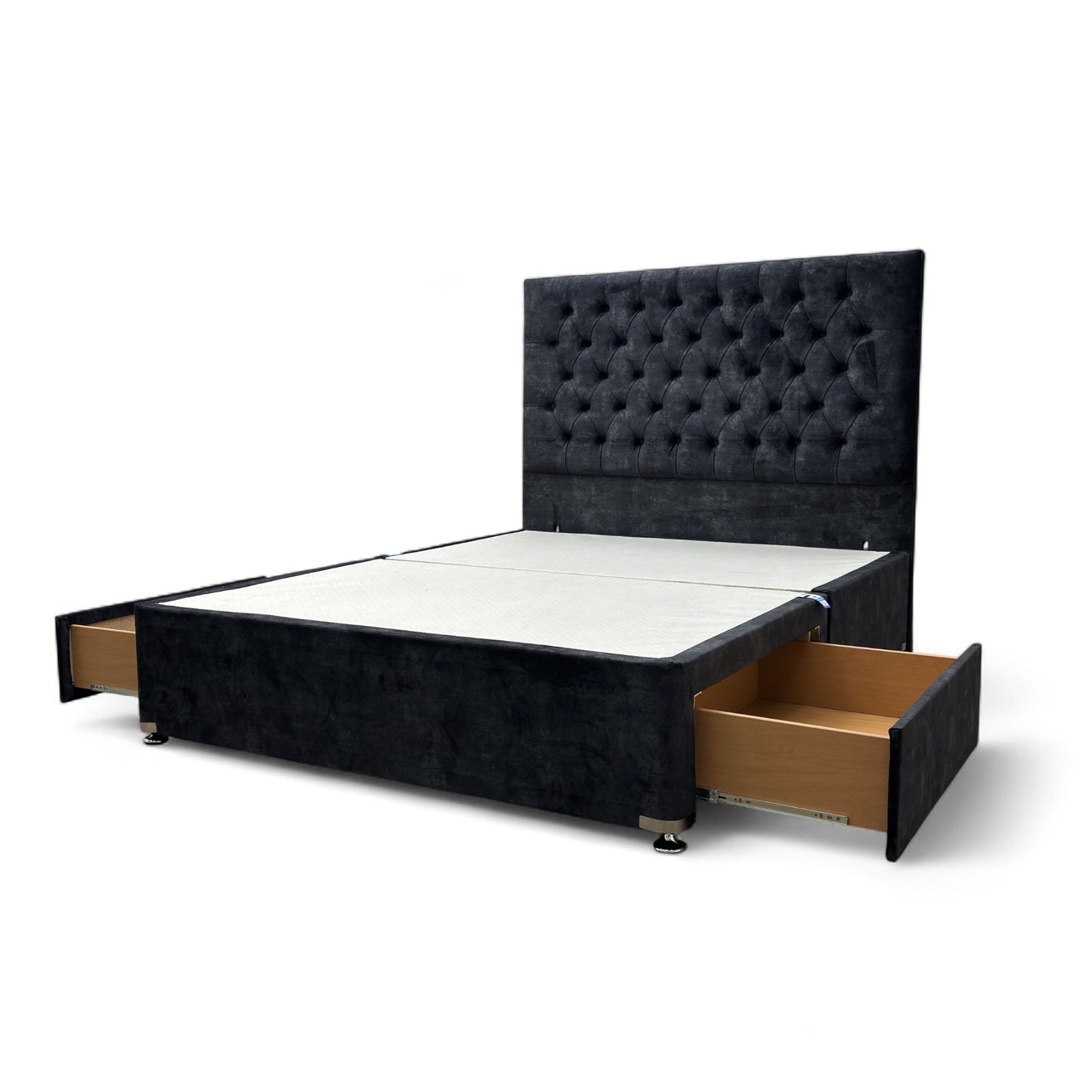 ‘Leon’ Dark Grey Velvet 2 Draw Bed Base with Floor Standing Headboard - King