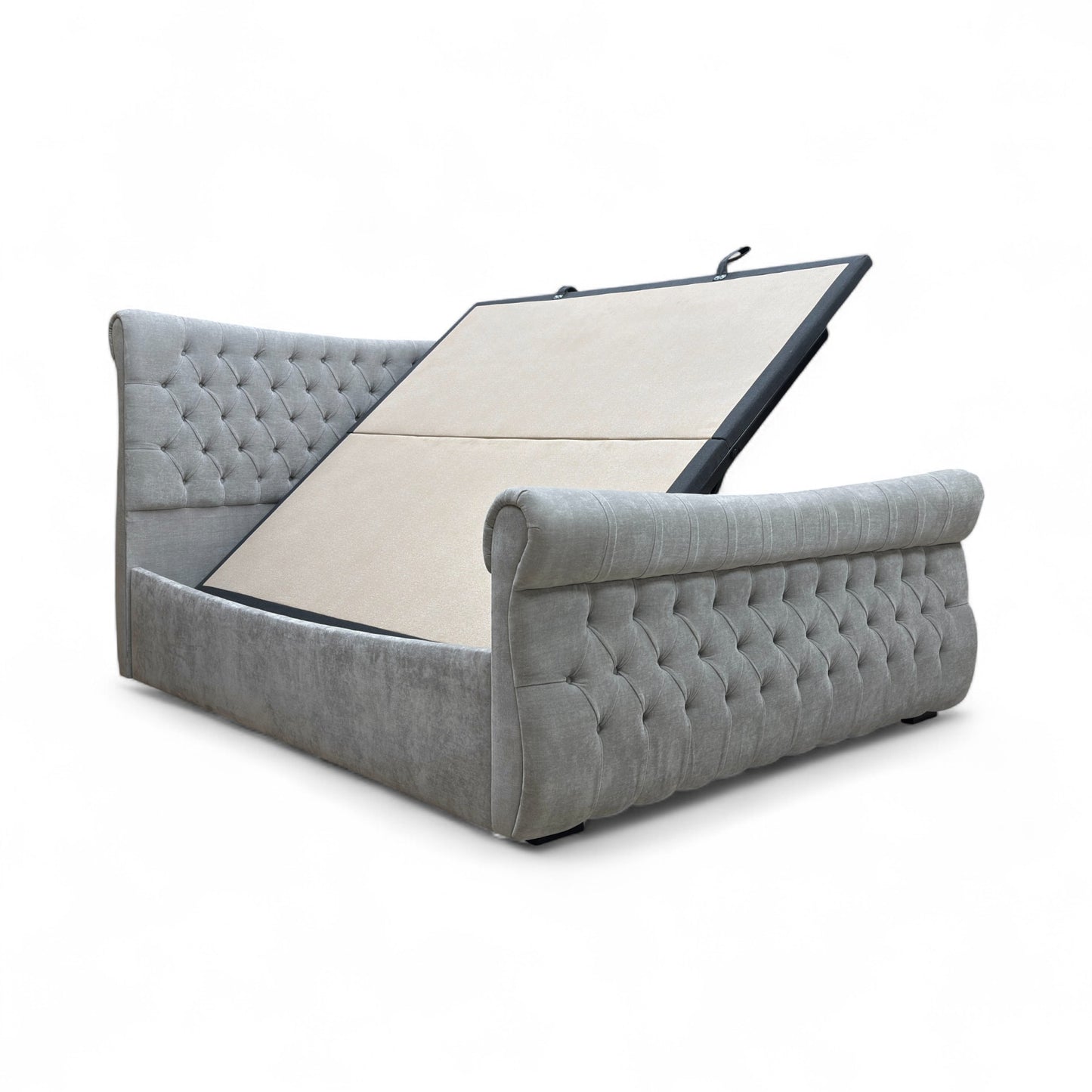 Sleep Story ‘Lance’ Dapple Oyster Velvet Left Hand Side Opening Ottoman Bed Frame - Super King